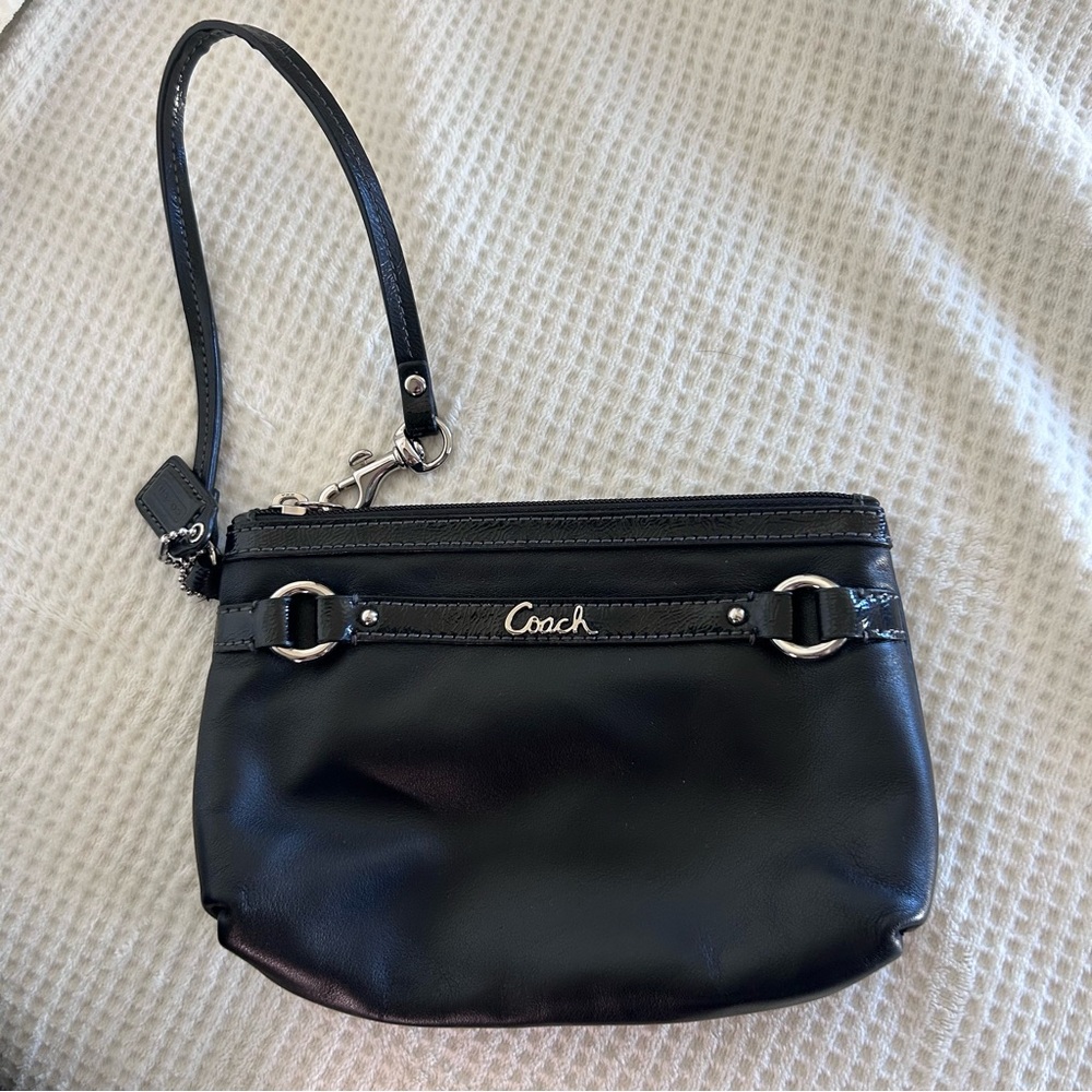 Coach Black Leather Wristlet with Silver Accents